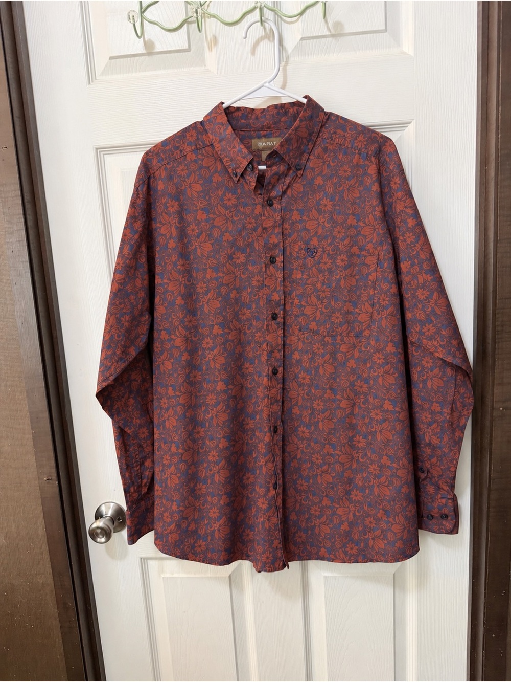 Ariat XL Western Floral Paisley Button Down Shirt Rust Navy Long Sleeve